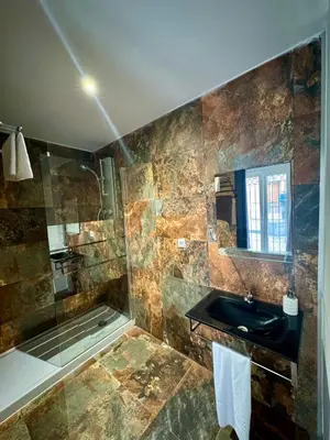 a bathroom with a black sink and a shower at Alcazar Suites in Jerez de la Frontera