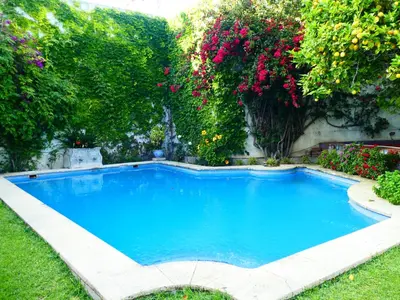 a swimming pool in a yard with flowers at Palacio del Virrey Laserna in Jerez de la Frontera