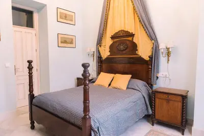 a bedroom with a bed with a canopy at Palacio del Virrey Laserna in Jerez de la Frontera