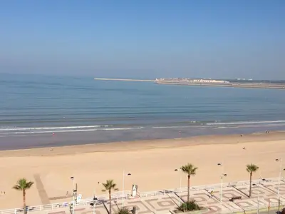 a view of a beach with palm trees and the ocean at Piso frente la playa de Valdelagrana in El Puerto de Santa María