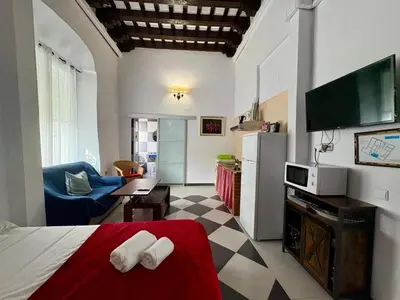 a bedroom with a bed and a tv and a living room at Apartamentos Jerez in Jerez de la Frontera