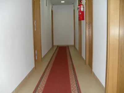 a long corridor with a red carpet in a building at Hostal San Marcos in San Fernando