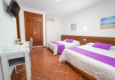 a bedroom with two beds and a desk and a tv at Hostal Los Mellizos in Conil de la Frontera