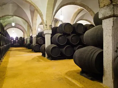 a row of wine barrels in a wine cellar at Sherryflat Moneo - Parking in Jerez de la Frontera