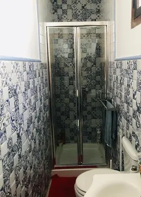 a bathroom with a shower and a toilet at Preciosa casa baja con aire acondicionado in Sanlúcar de Barrameda