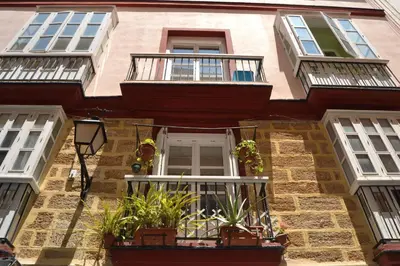 an apartment building with balconies and potted plants at Beautiful Central Cadiz in Cádiz