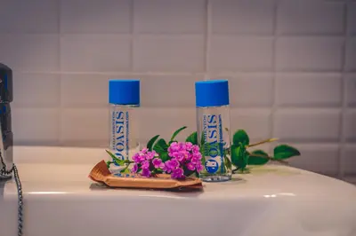 two bottles of water and flowers on a bathroom sink at Apartamentos Turísticos La Carrajolilla in Chiclana de la Frontera