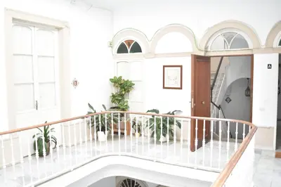 a staircase in a white room with potted plants at Veedor 12 in Cádiz