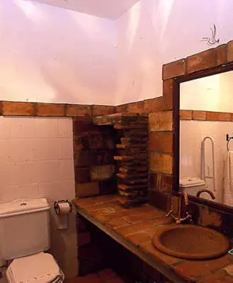 a bathroom with a toilet and a sink and a mirror at El Perro de Paterna in Paterna de Rivera