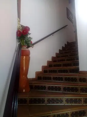 a staircase with a vase with flowers in it at Hotel Restaurante Calderon in Arcos de la Frontera