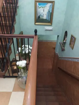 a staircase with a vase of flowers and a painting at Hostal Andalucia de Arcos in Arcos de la Frontera