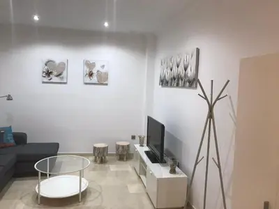 a living room with a couch and a tv at Rincón en el Mentidero in Cádiz