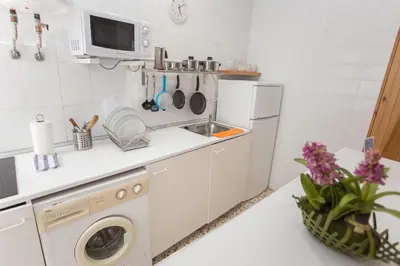 a white kitchen with a sink and a washing machine at Multi Apartamentos La Kasbah in Jerez de la Frontera