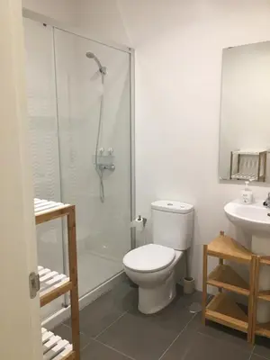 a bathroom with a toilet and a shower and a sink at Apartamento nuevo en casa tipo palacio in Cádiz
