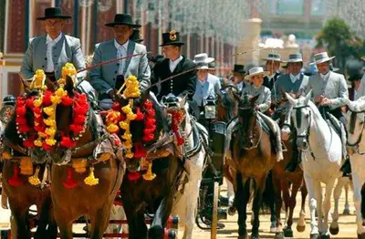 a group of people riding horses on a street at Apartamento wifi plaza del caballo in Jerez de la Frontera