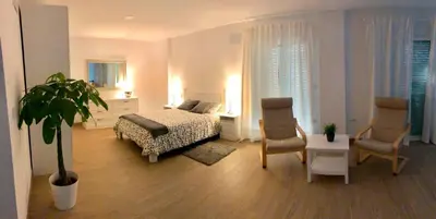 a bedroom with a bed and two chairs and a plant at Vivienda Avenida de la Manzanilla in Sanlúcar de Barrameda