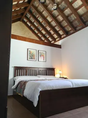 a bedroom with a large bed with a wooden headboard at Posada Alegria in Medina Sidonia