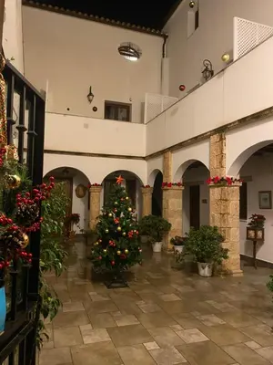 a christmas tree in the middle of a building at Posada Alegria in Medina Sidonia