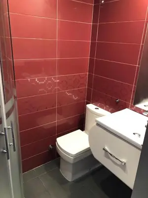 a bathroom with a toilet and a red tiled wall at Avenida de las Piletas in Sanlúcar de Barrameda
