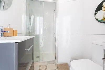 a bathroom with a shower and a toilet and a sink at Mi Bohemia Caleta in Cádiz