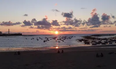 a sunset on the beach with birds in the water at Casa La Muralla MEDIEVAL by Cadiz4Rentals in Cádiz