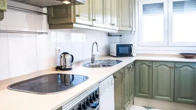 a kitchen with green cabinets and a sink at Apartamento Cadiz Paradiso in Cádiz