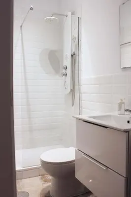 a white bathroom with a toilet and a shower at Campo del Sur - Catedral in Cádiz