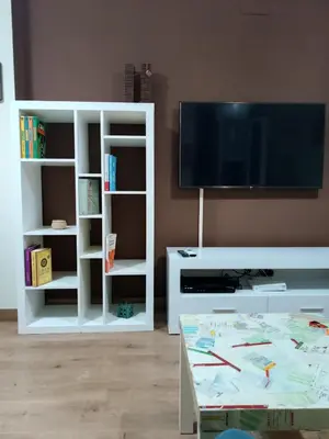 a living room with a tv and a white book shelf at Playa caleta 7 min, wifi, catedral, centro in Cádiz