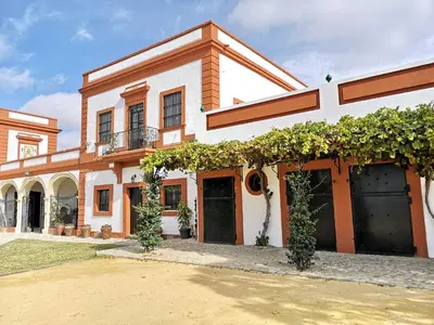 a house with two black garage doors and vines at LA BENDITA LOCURA in El Puerto de Santa María