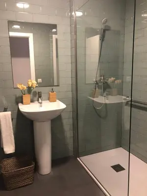 a bathroom with a sink and a shower at GATU PREMIUM Villa Aramburu, 
