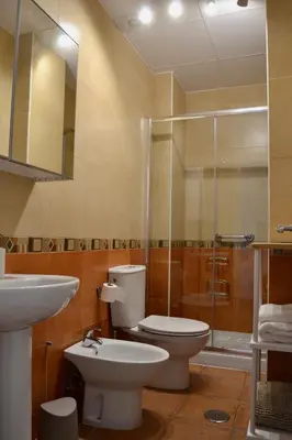 a bathroom with a toilet and a sink and a shower at Chipiona Acogedor in Chipiona