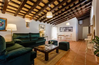 a living room with green furniture and a table at Loft Catedral Jerez in Jerez de la Frontera