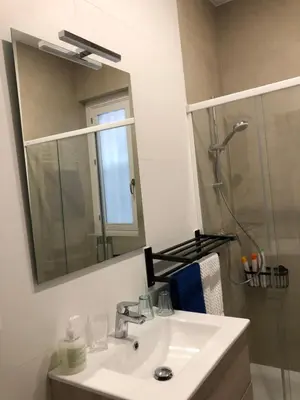 a bathroom with a sink and a shower with a mirror at Jano PuertaTierra in Cádiz