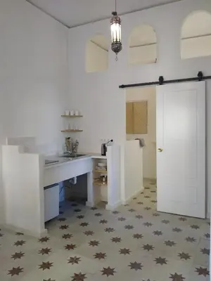 a kitchen with a white counter and a sink and a refrigerator at Azafran Jerez apartamentos in Jerez de la Frontera