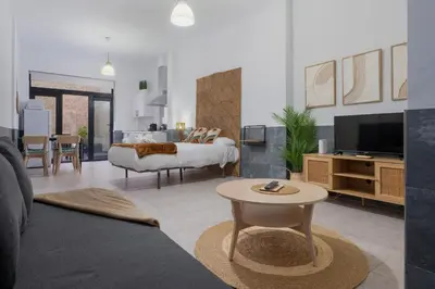 a living room with a couch and a tv and a table at Panther Home Aladro in Jerez de la Frontera