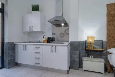 a kitchen with white cabinets and a sink at Panther Home Aladro in Jerez de la Frontera