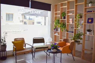 a room with chairs and a window with plants at Aparthotel Novo Sancti Petri in Chiclana de la Frontera