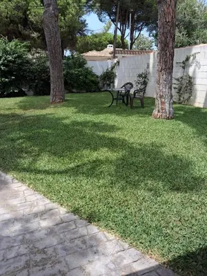 a yard with two benches and two trees at Chalet Costa de la Luz - La Barrosa in Chiclana de la Frontera