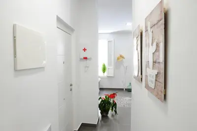 a hallway with white walls and a plant at LUZ DEL FARO in Cádiz