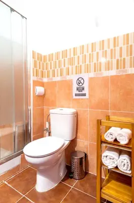 a bathroom with a toilet and a shower and towels at Spacious Villa in Conil de Frontera with Private Pool in Roche