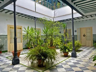 a courtyard with potted plants in a building at Apartamento Vitoria. in Jerez de la Frontera