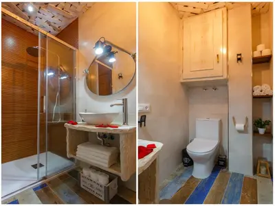 two pictures of a bathroom with a toilet and a shower at Noah House city center - Historic center in Cádiz