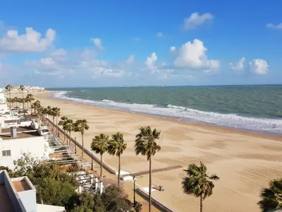 a view of a beach with palm trees and the ocean at Apartamento Sea Views Rota in Rota