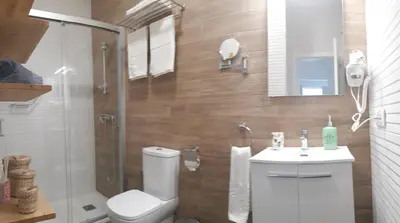 a bathroom with a toilet and a shower and a sink at El Rincón del Tío de la Tiza in Cádiz