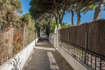 a walkway with a fence and trees on each side at Casa Venice in Chiclana de la Frontera