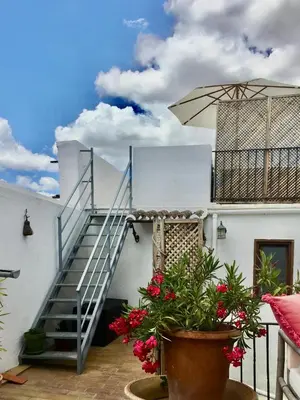 a staircase leading to a white building with flowers at Número 9 in Medina Sidonia