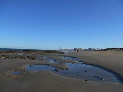 a puddle of water on a sandy beach at Apartamento Caracola in Chipiona