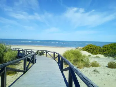 a wooden boardwalk leading to a beach with the ocean at Apartamento Carlos in Rota