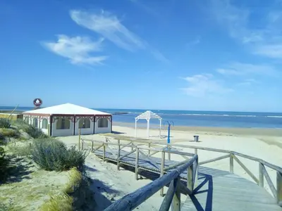 a beach with a gazebo and the ocean at Apartamento Carlos in Rota