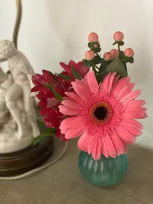 a vase with a pink flower and a statue at Lujosa suite privada en casa del S XIX in Sanlúcar de Barrameda